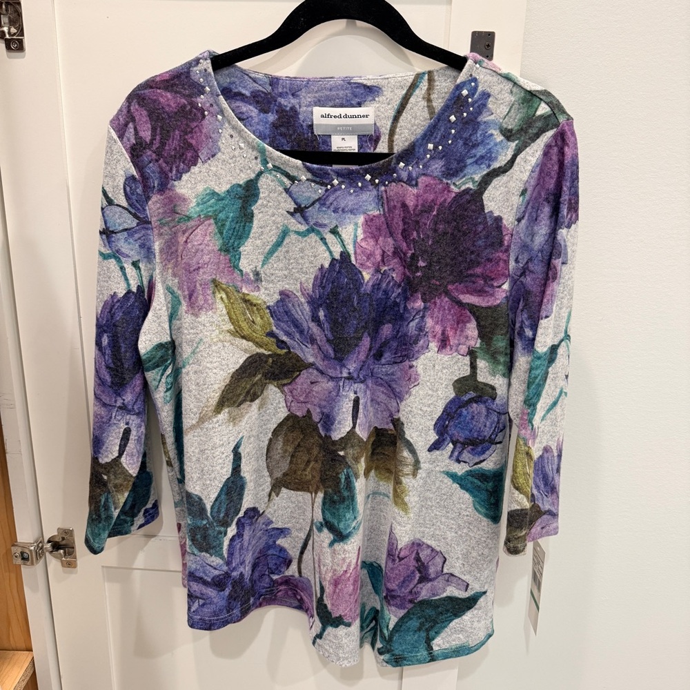 Alfred Dunner Women's watercolor Floral Blouse - Purple, Green, and Gray